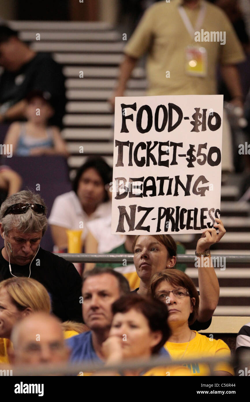 10.07.2011 An Australian supporter displaying a sign during the Finals between Australia and New Zealand, Mission Foods World Netball Championships 2011 from the Singapore Indoor Stadium in Singapore. Stock Photo