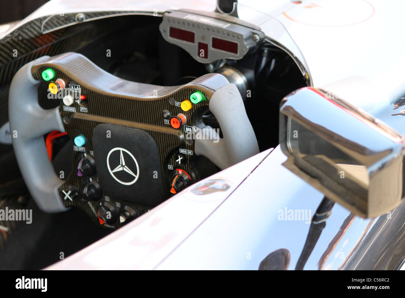 Steering Wheel of a Mercedes Racing Car Stock Photo