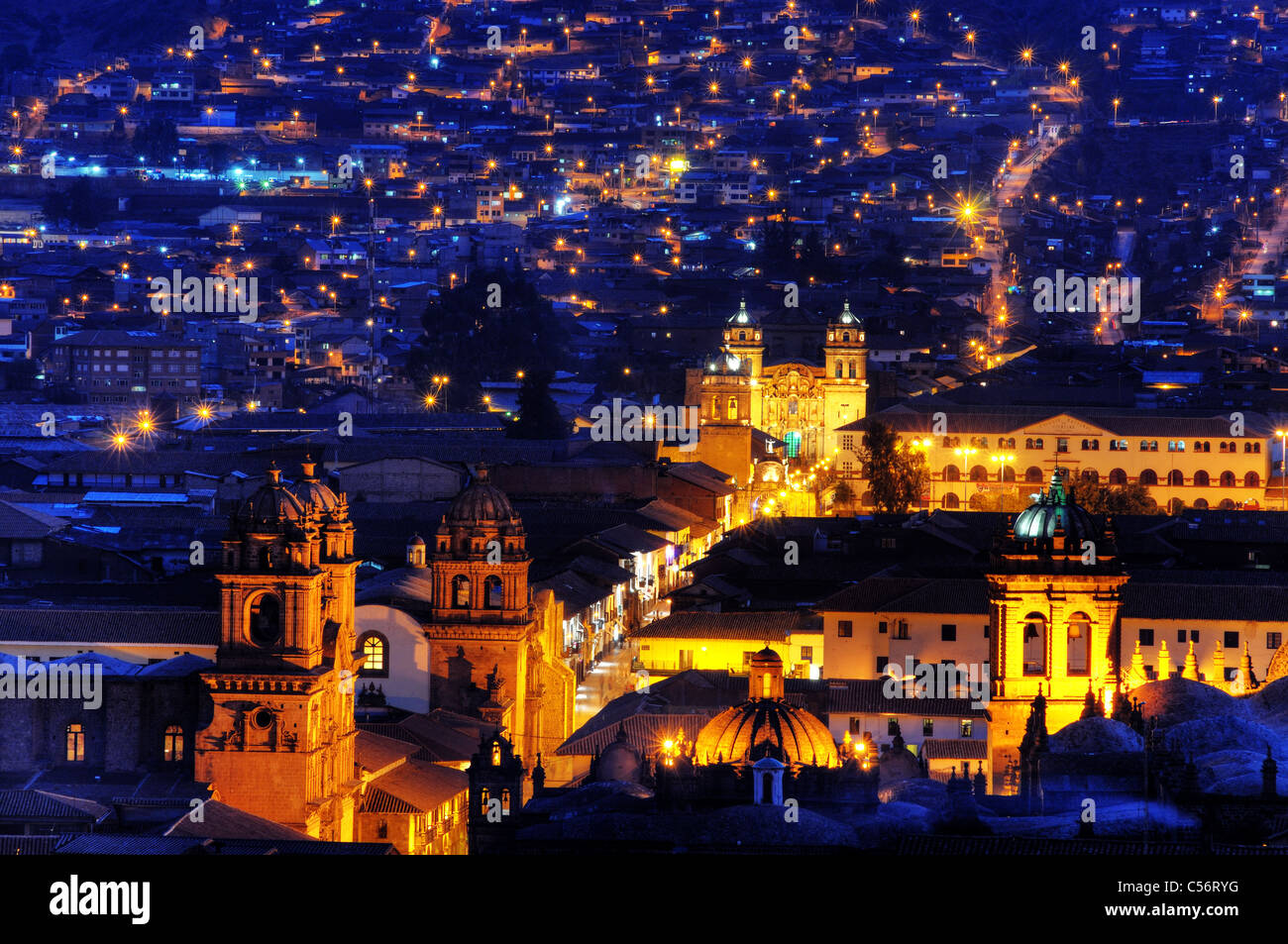Plaza de Armas in Cusco, Peru at night taken from above Stock Photo