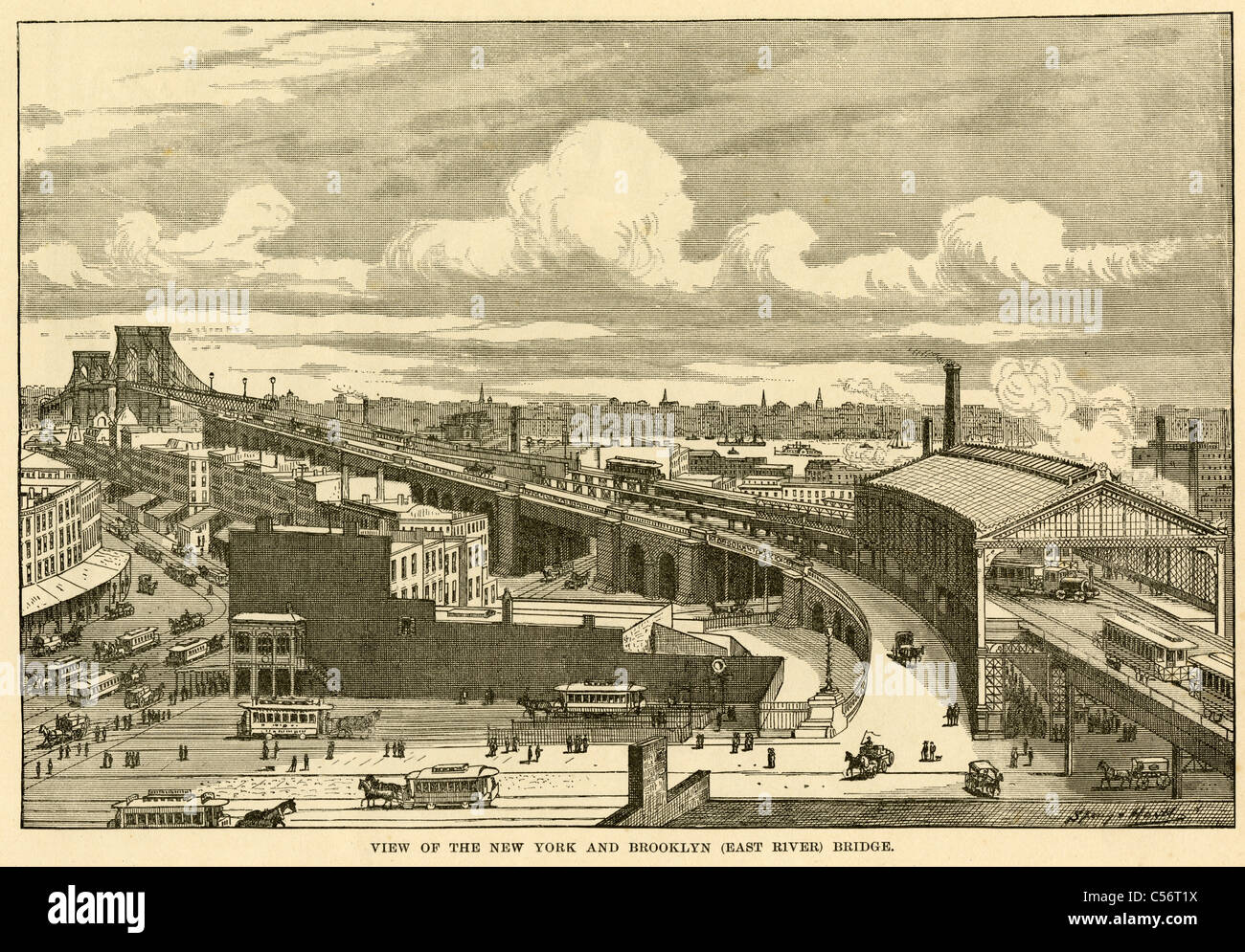 Circa 1885 engraving, "View of the New York and Brooklyn Bridge" over the East River.