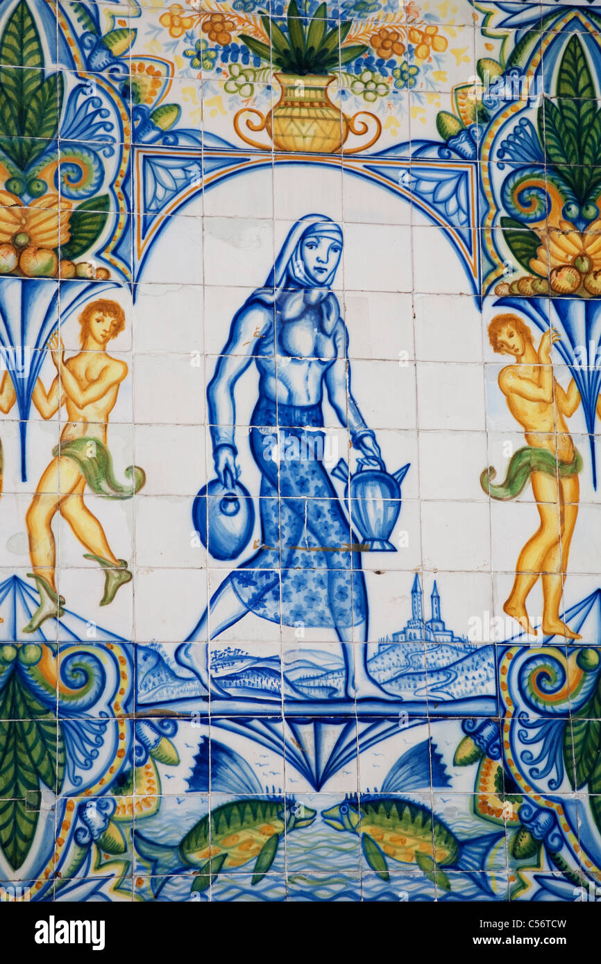Tile Design on Drinking Fountain in Ave del Portal de L'Angel in Barcelona, Catalonia, Spain Stock Photo