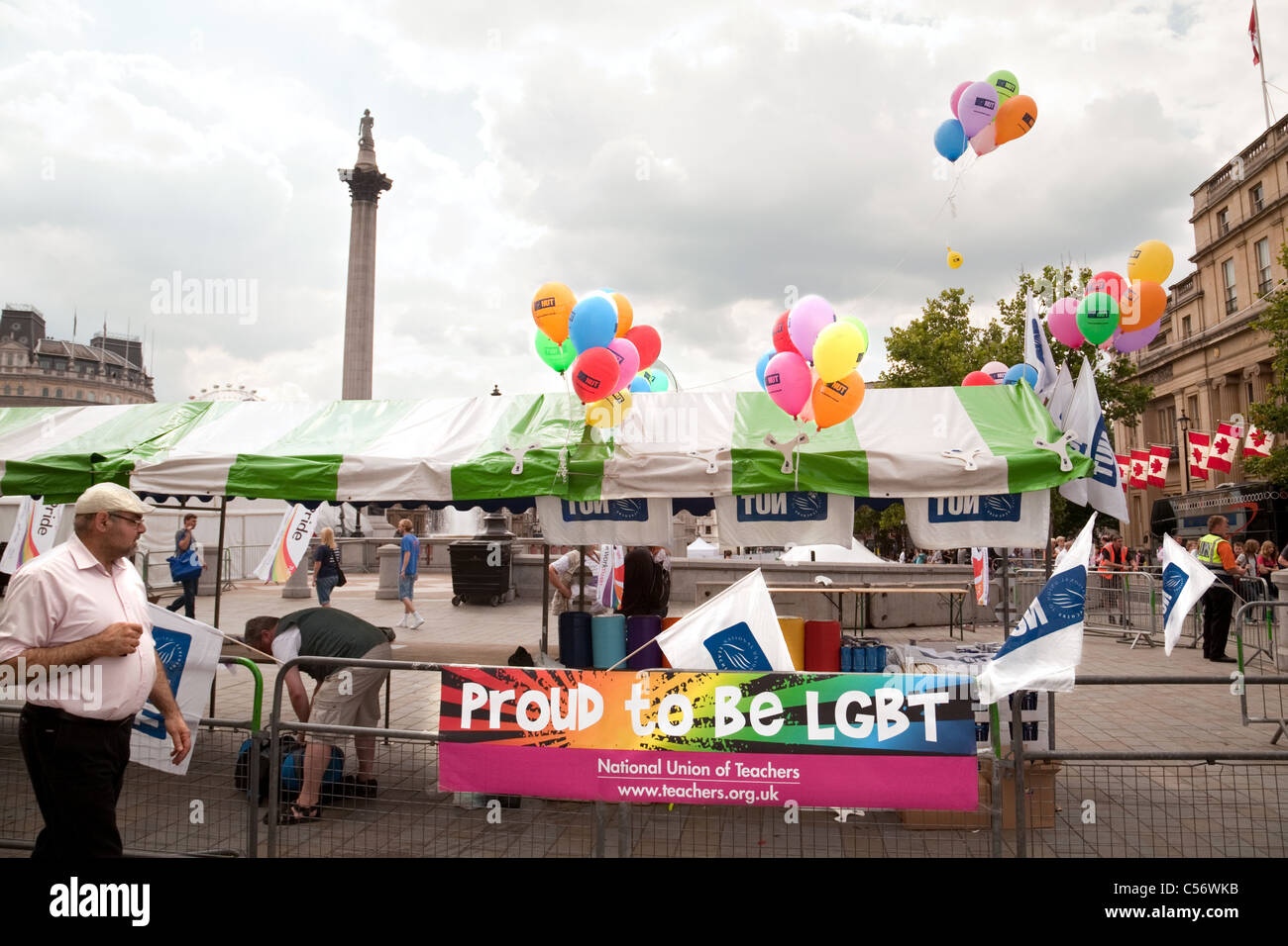 An NUT (National Union of Teachers) stall at an LGBT rally, Trafalgar Square, London UK Stock Photo