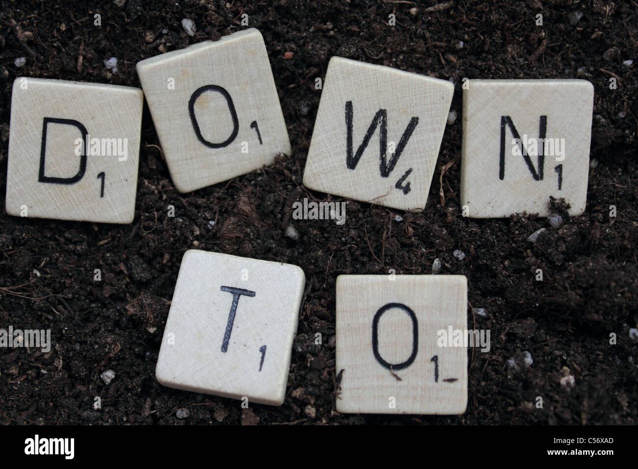 letters in the dirt forming the saying DOWN TO (EARTH) Stock Photo