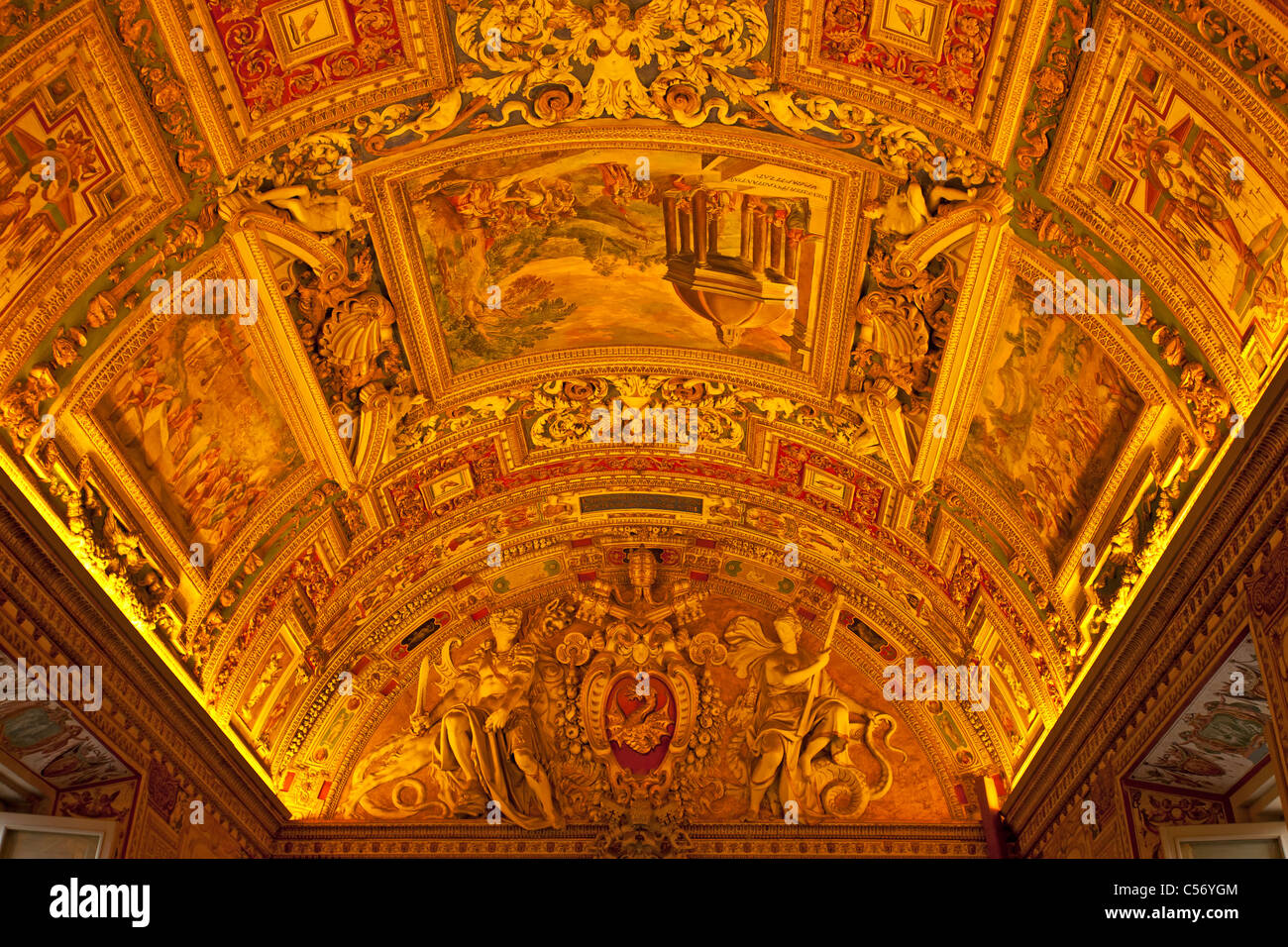 A highly ornate, beautiful fresco painted ceiling of one of the Vatican