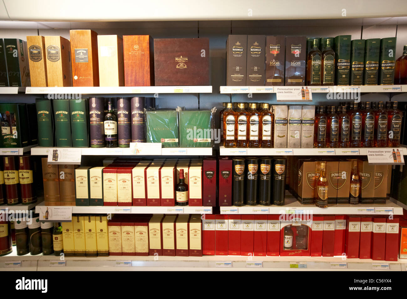 selection of irish whiskeys in the duty free shop in dublin airport