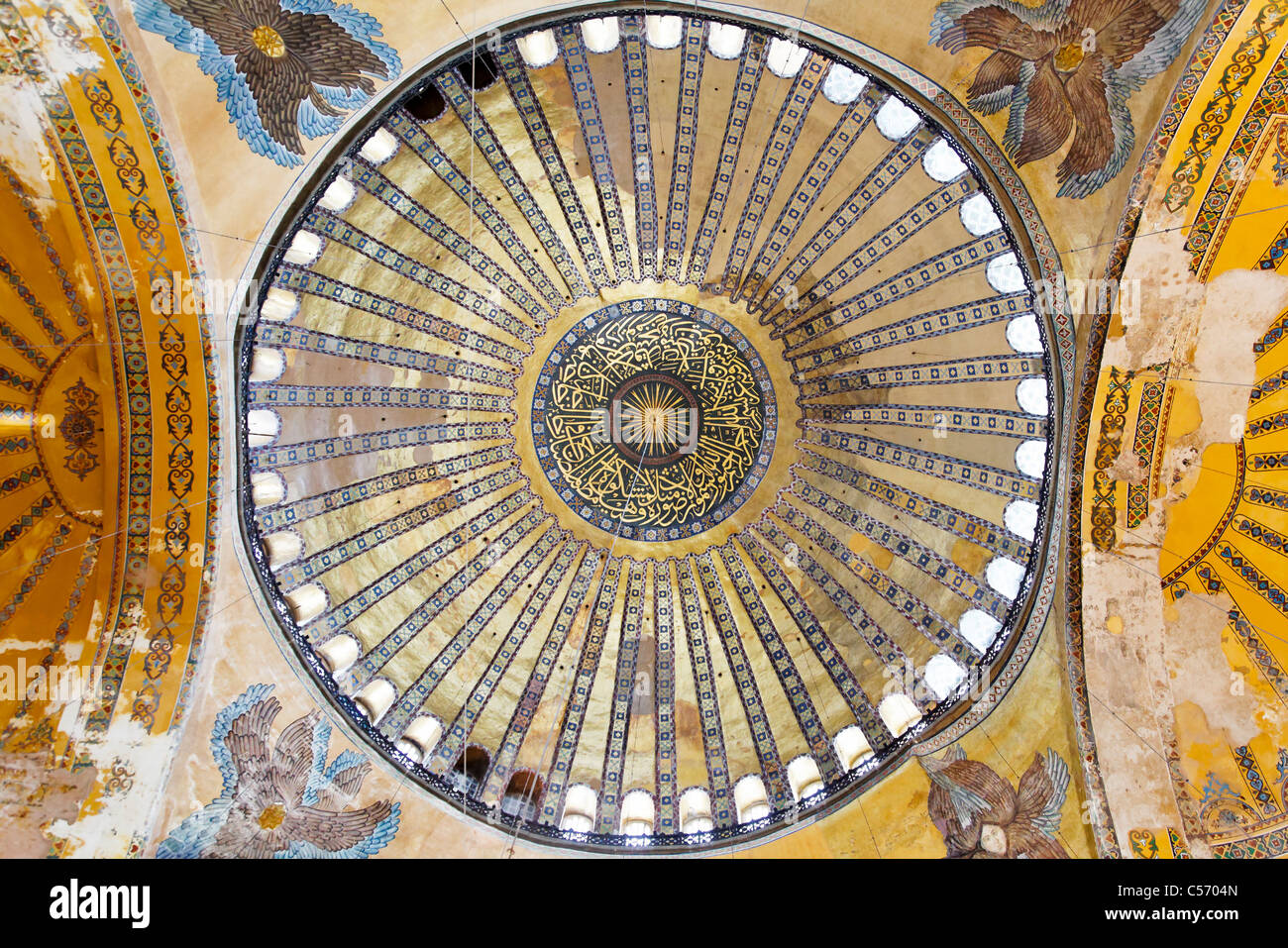 June 2011, Istanbul Turkey, Main dome inside Hagia Sophia show gold gilting. Landscape Stock Photo