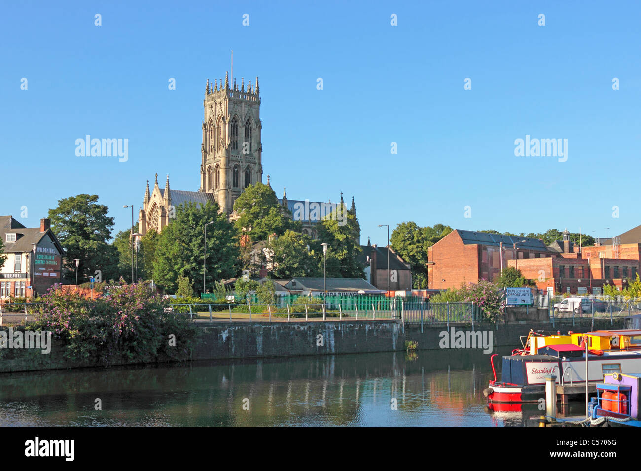 Doncaster Minster St Georges Church northern aspect viewed from the Waterfront across the canal Stock Photo