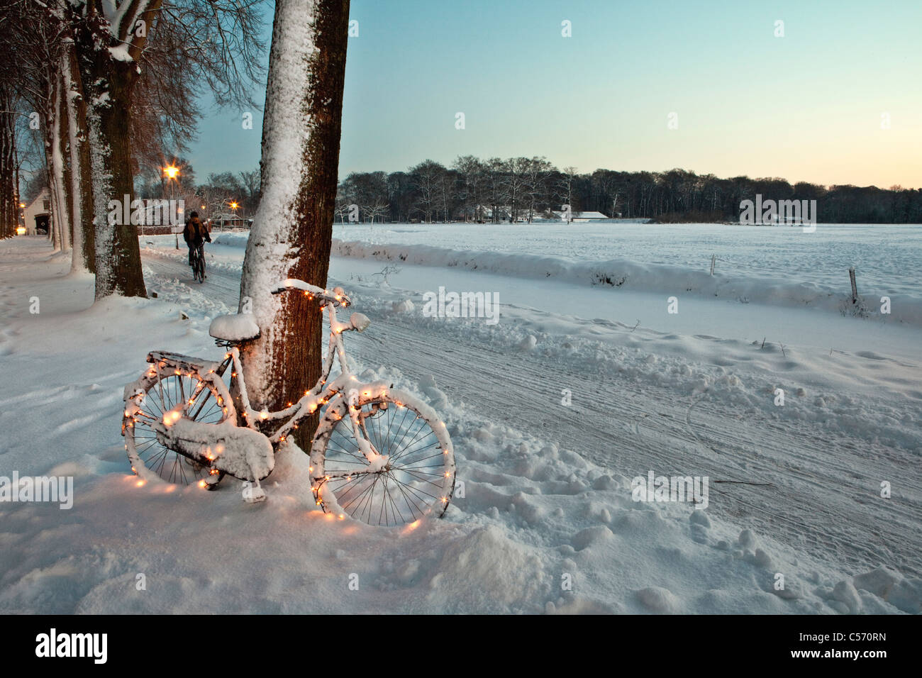 The Netherlands, 's-Graveland, bicycle decorated with Christmas lights in snow. Woman cycling. Stock Photo