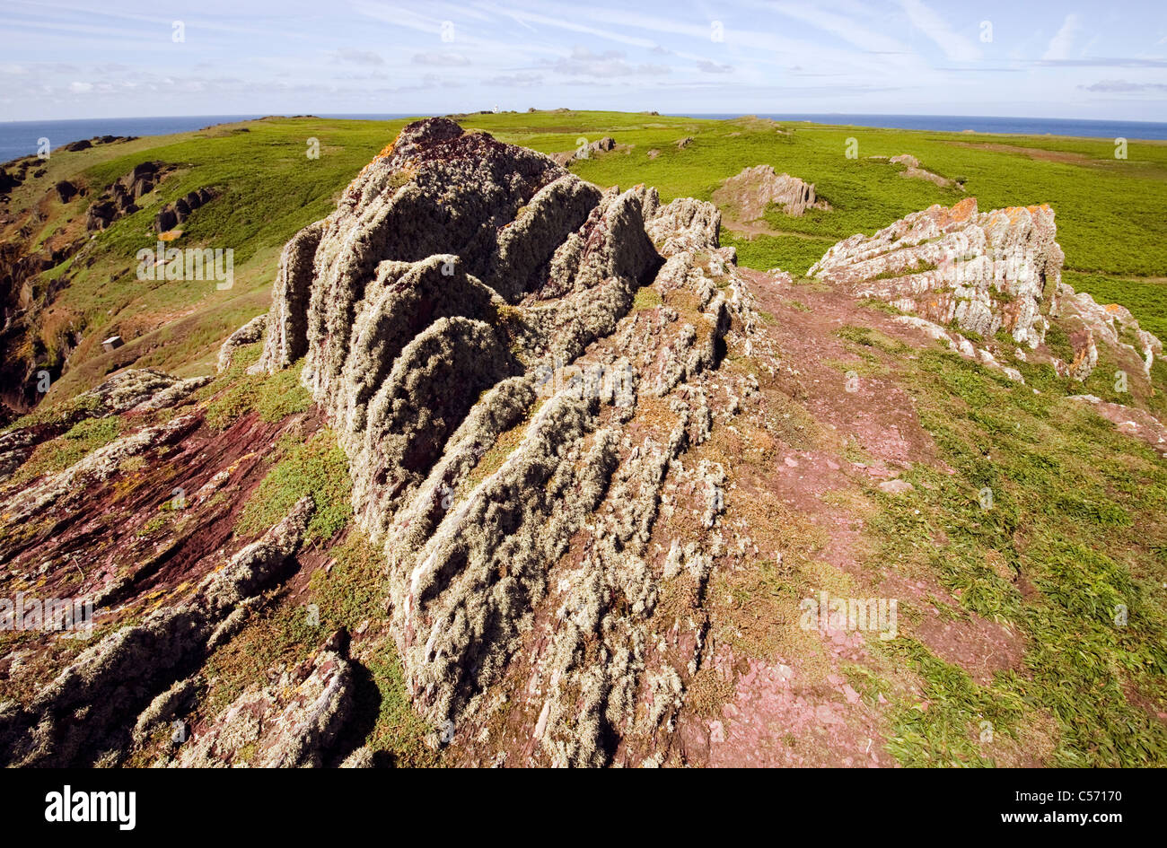 A landscape view of Skokholm island from the top of Spy Rock Stock Photo