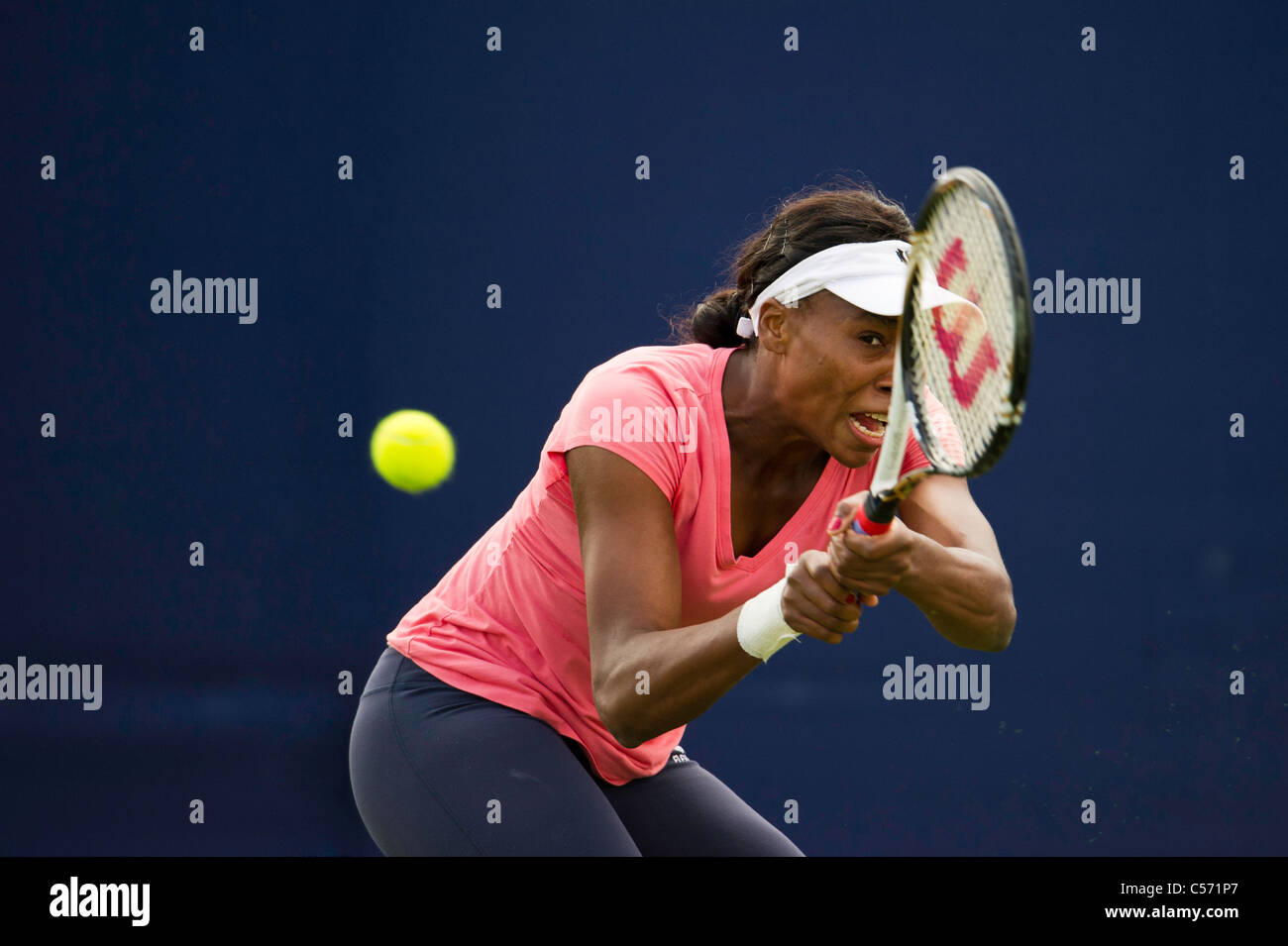 Serena Williams of USA practicing double handed backhand on court 5 Stock Photo