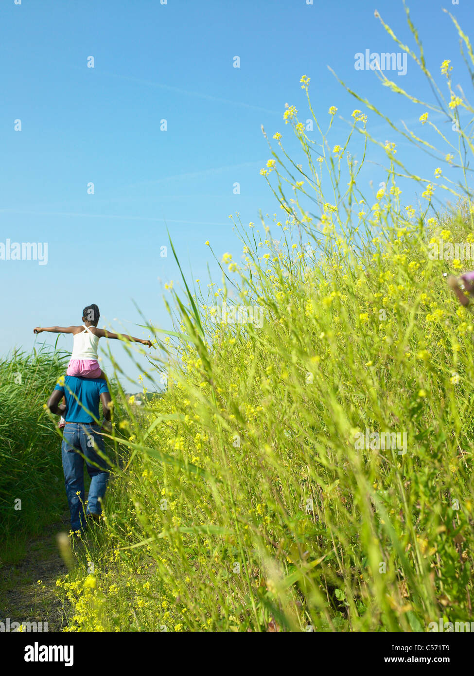 Daughter on father’s shoulders in field Stock Photo
