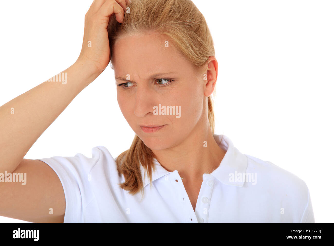 Woman deliberates a decision. All on white background. Stock Photo