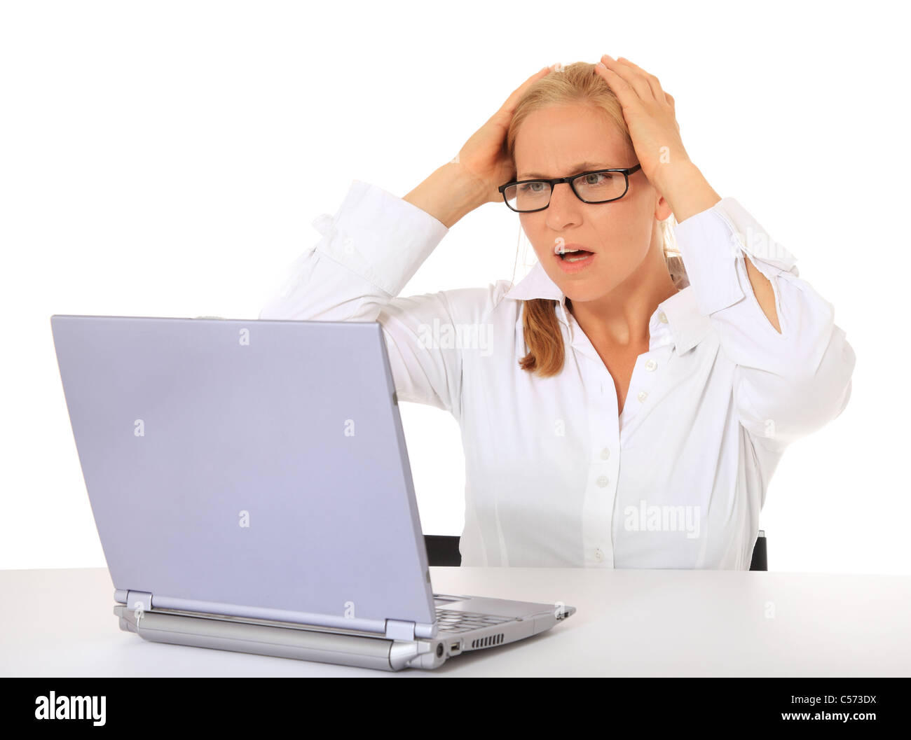 Woman got a problem with her notebook computer. All on white background ...