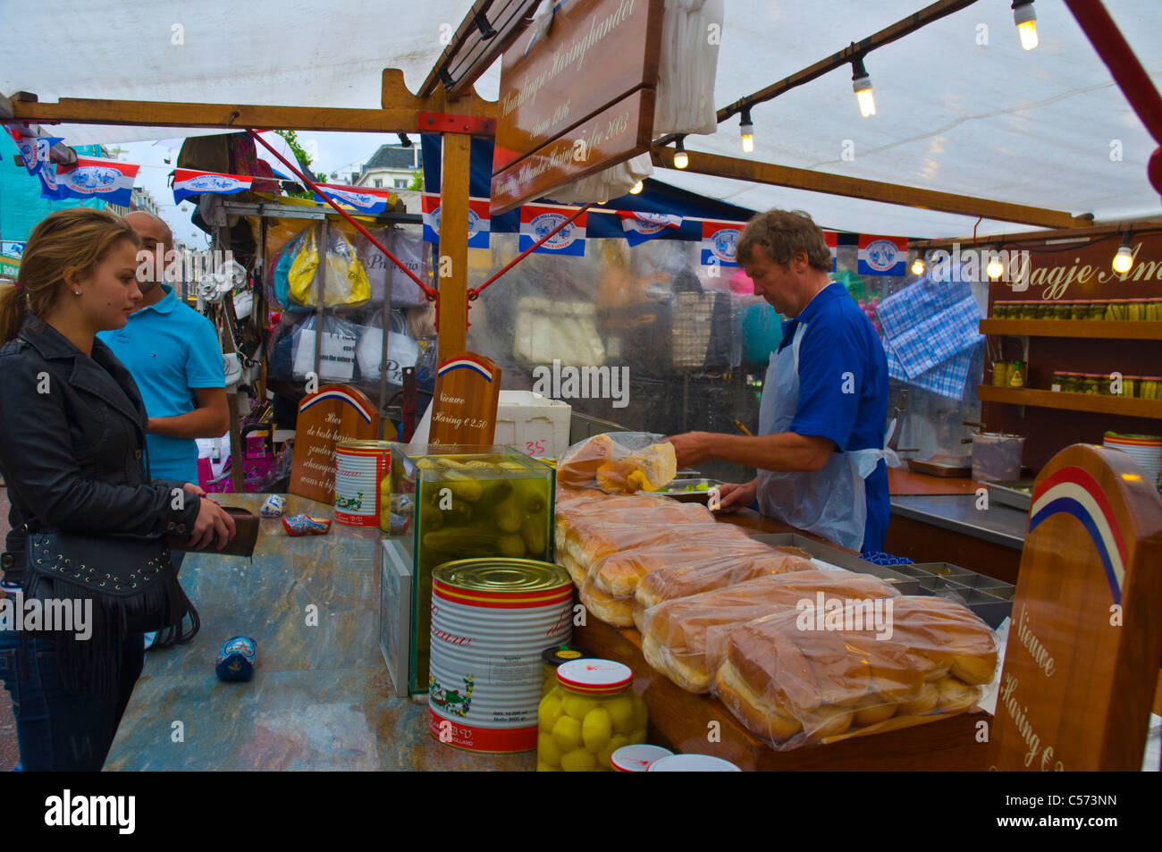 Stall selling herring sandwiches Albert Cuypmarkt market De Pijp