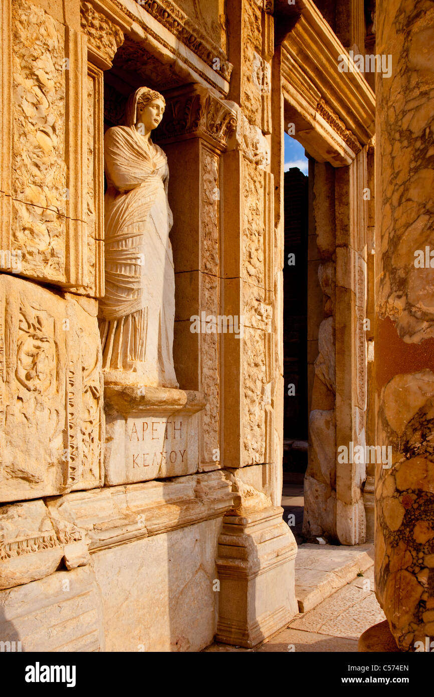 Ruins of the Library of Celsus with statue of Athena in ancient city of