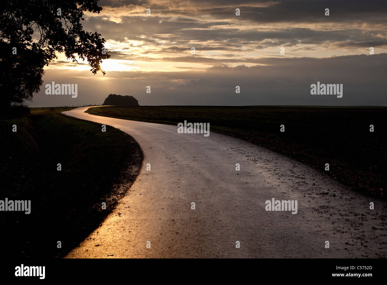 The Netherlands, Ootmarsum. Road at sunset. Stock Photo