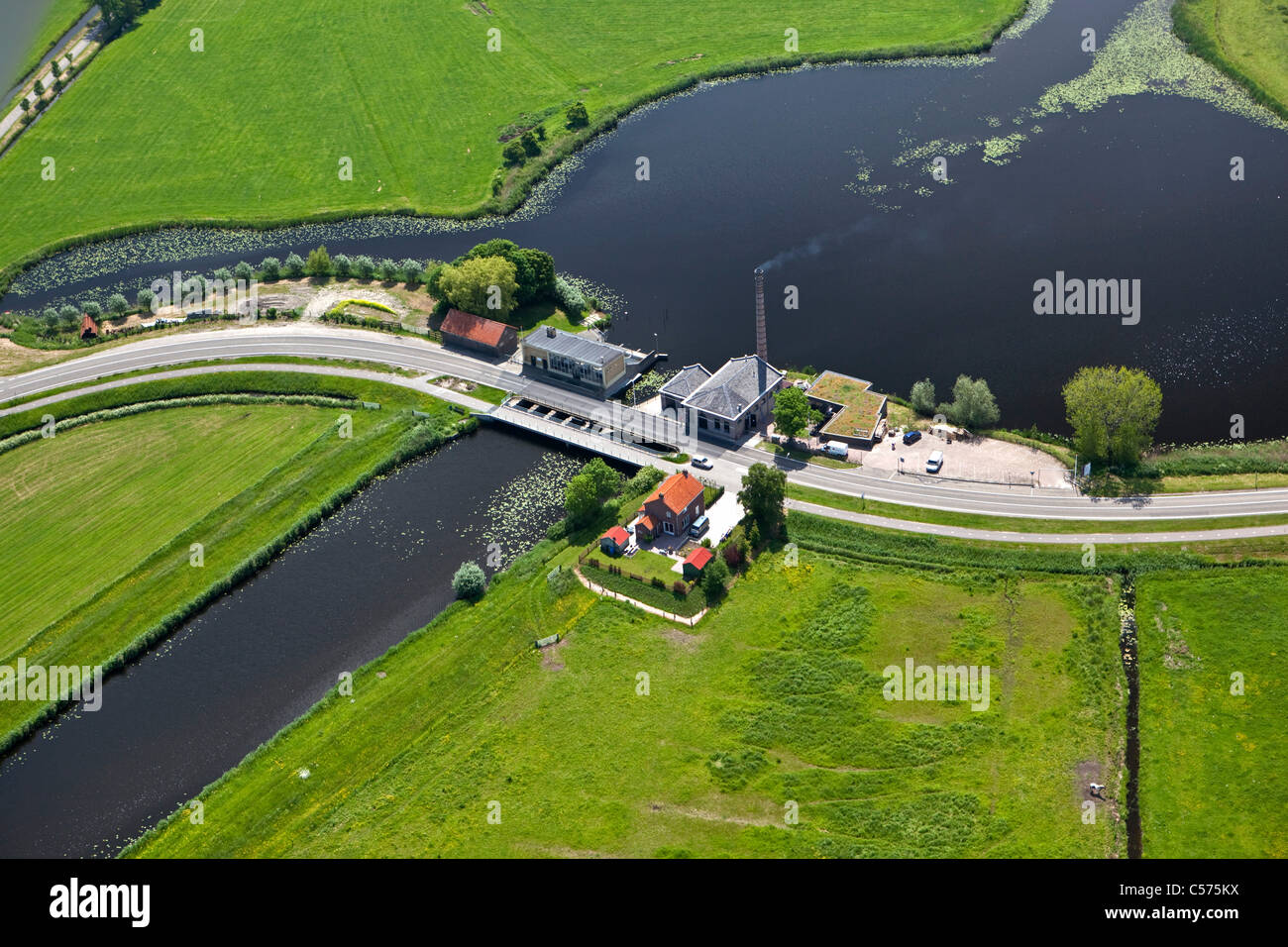 The Netherlands, Genemuiden, Monumental steam driven pumping-station, called Mastenbroek. Constructed 1856. Aerial. Stock Photo