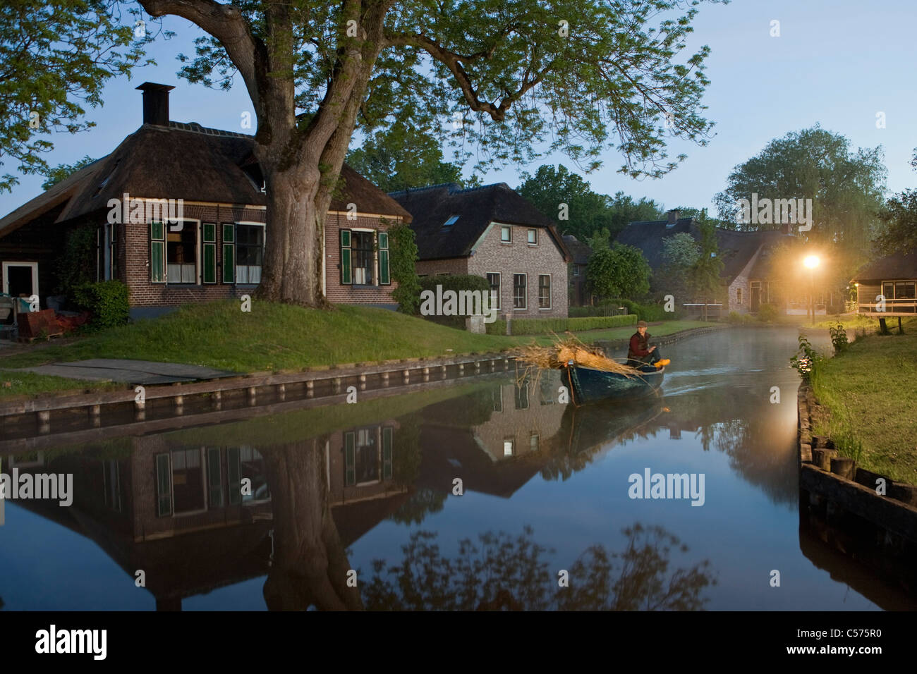 The Netherlands, Dwarsgracht, near Giethoorn. Village with almost only waterways. Houses at dawn. Farmer transporting reed for roofconstruction. Stock Photo