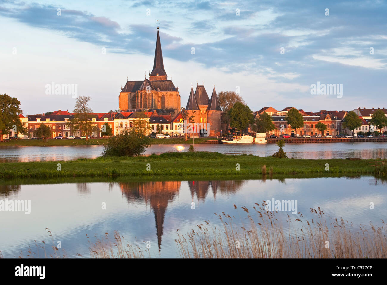 The Netherlands, Kampen, Skyline at sunrise. IJssel River. Stock Photo