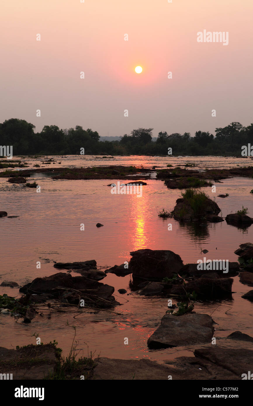Sunrise over the Zambezi River, close to the Victoria Falls. Stock Photo