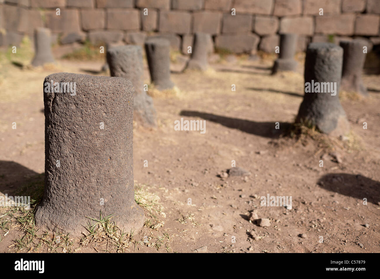 Phallic symbols at Chucuito fertility monument close to Puno in Southern Peru Stock Photo