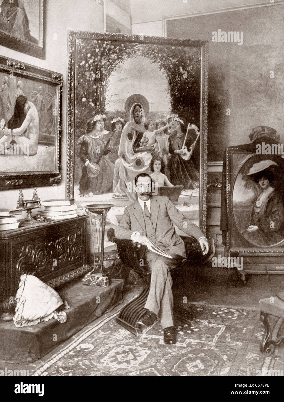 Pedro Sáenz Sáenz, 1863 - 1927. Pre-Raphaelite Brotherhood Spanish painter, here seen in his Malaga studio. Stock Photo