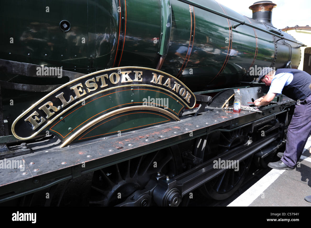 Erlestoke Manor nameplate on Great Western steam locomotive uk Stock Photo