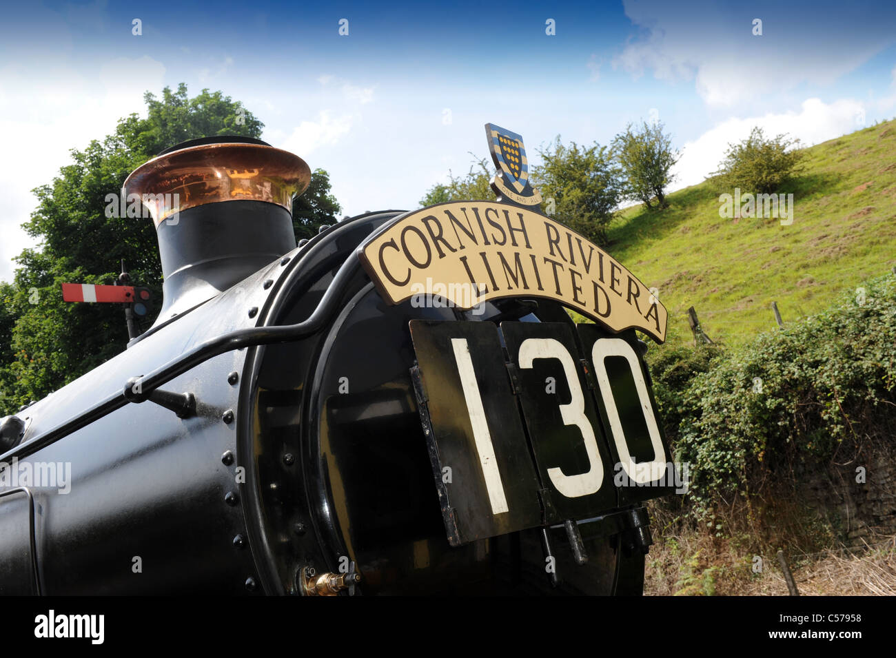 Cornish Riviera Limited nameplate on Great Western steam locomotive uk Stock Photo