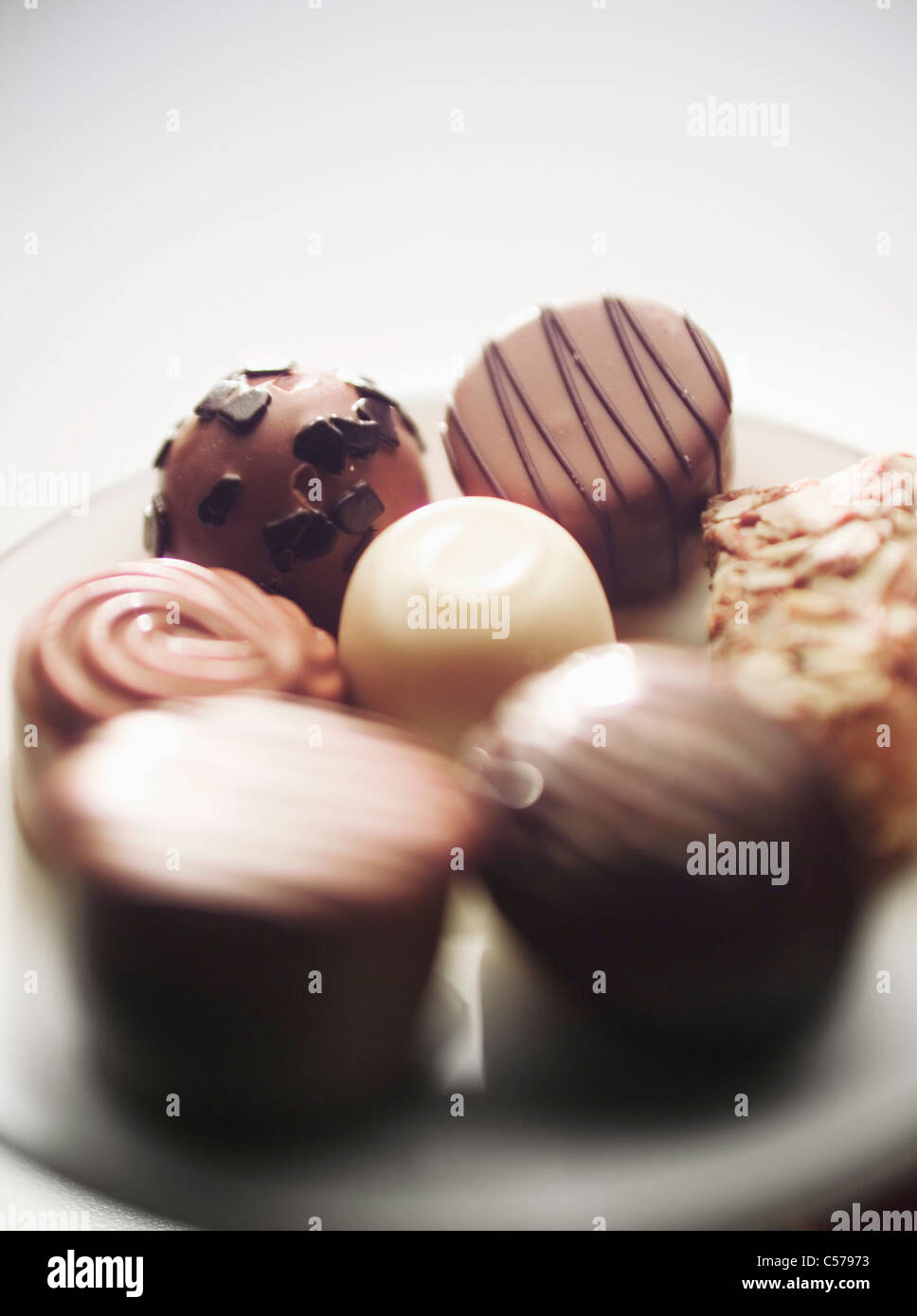 Close up of plate of chocolates Stock Photo Alamy