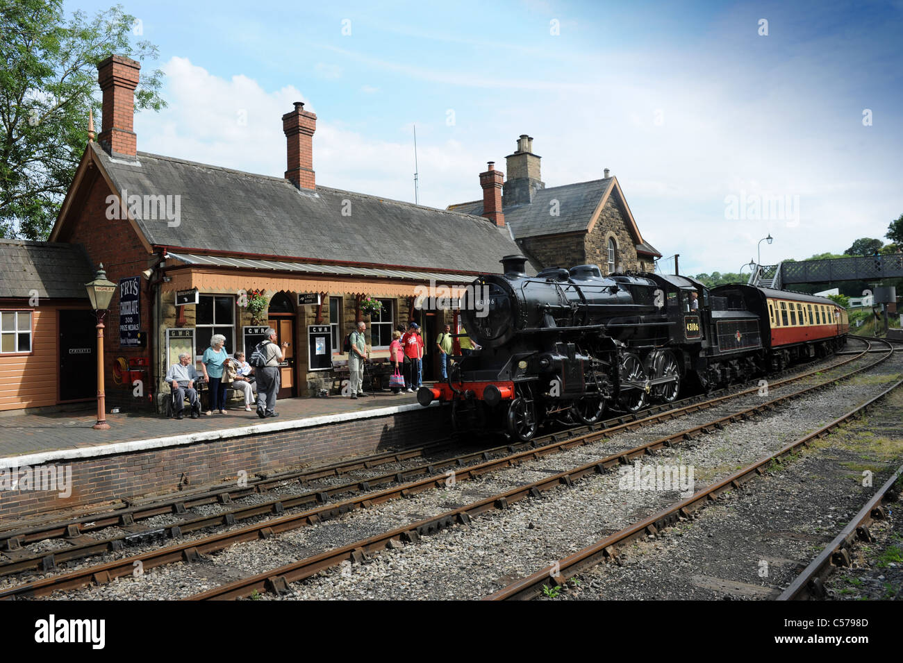 Steam locomotive arriving at Highley Station on Severn Valley Railway Uk Stock Photo