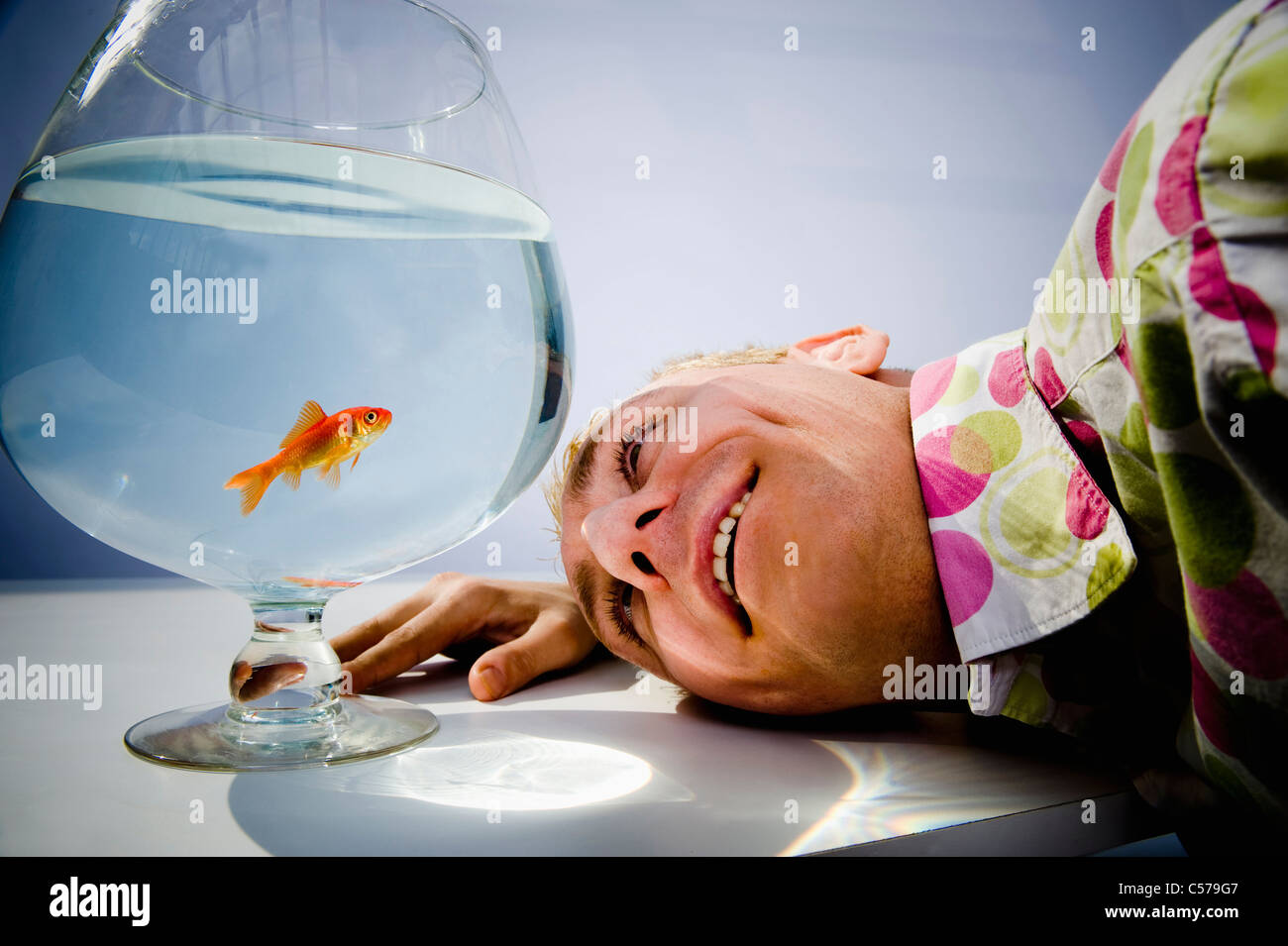 Man admiring goldfish in bowl Stock Photo