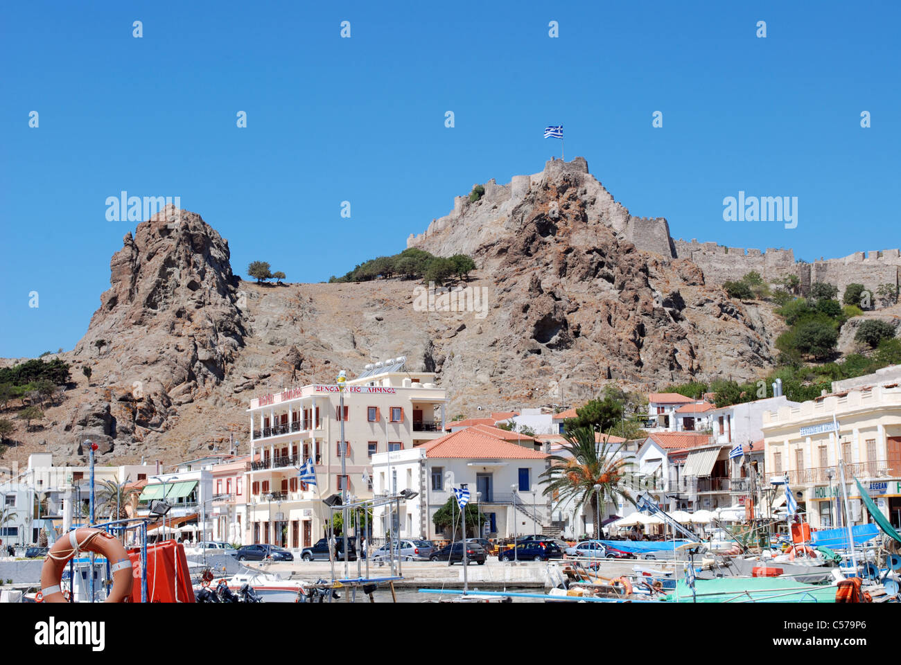 Greece - Lemnos - Myrina harbour and castle Stock Photo