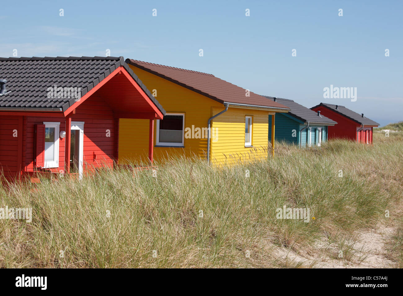 bungalows used as holiday homes on the small Island 'The Dune' (Die Düne) opposite to Helgoland Stock Photo