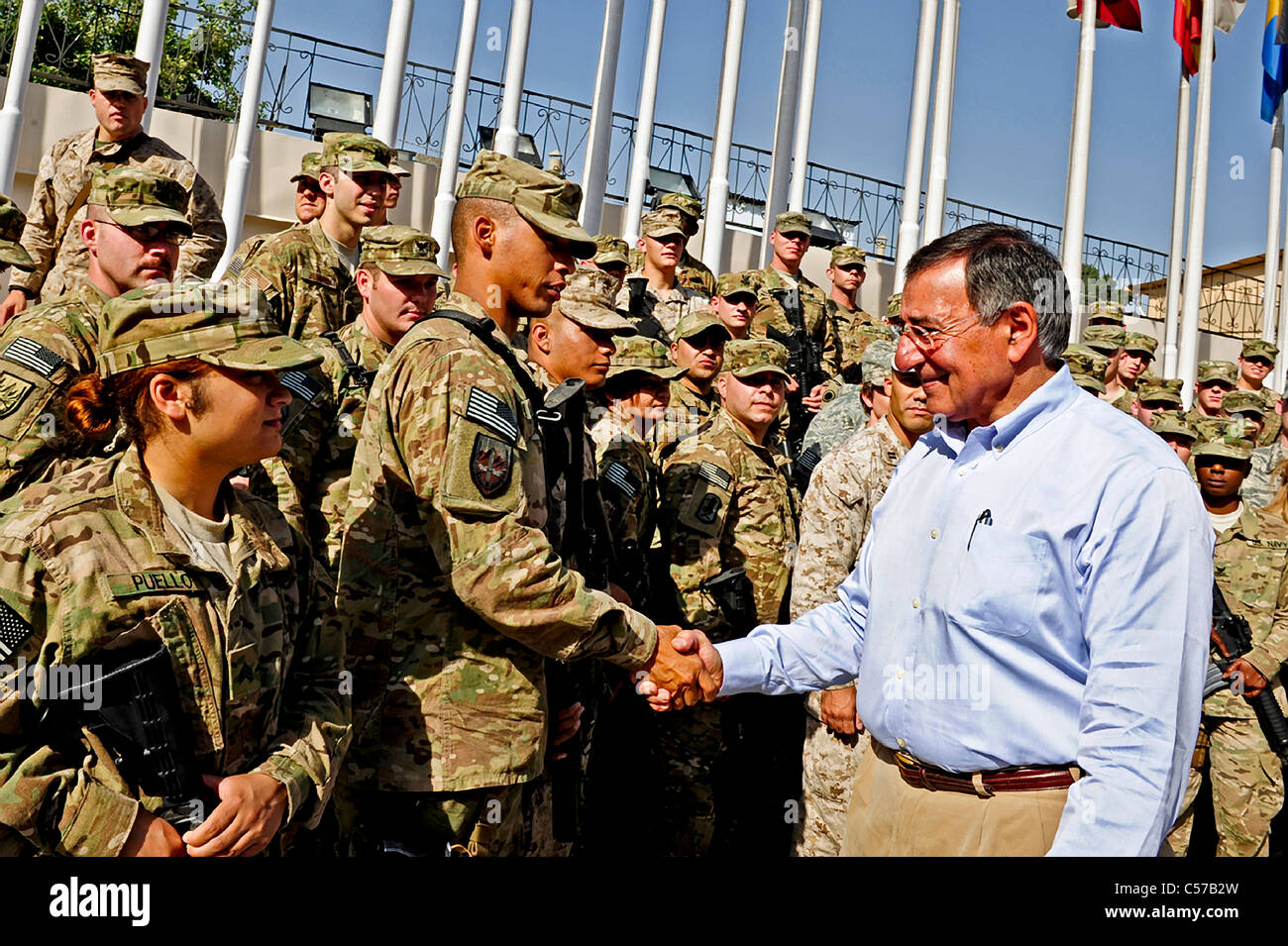 U.S. Secretary of Defense Leon E. Panetta meets with troops at Camp Eggers, Kabul, Afghanistan, July 10, 2011. Stock Photo