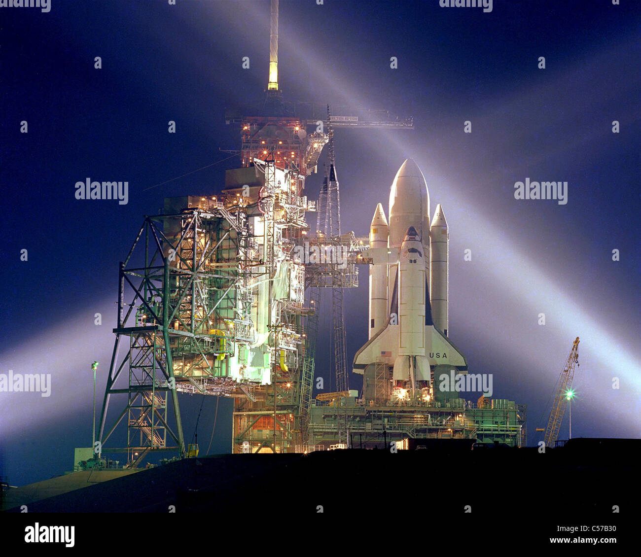 Space Shuttle Columbia on Launch Pad 39A before its maiden flight, STS-1. Stock Photo