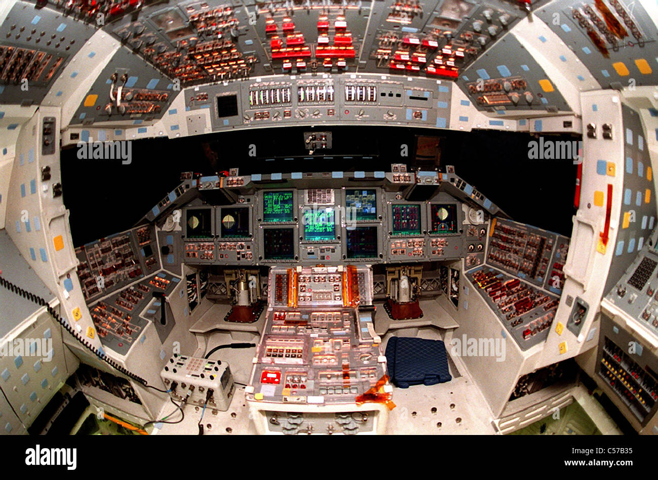 Space Shuttle Atlantis view of the flat-panel display in the glass cockpit. Atlantis is on the final mission Stock Photo