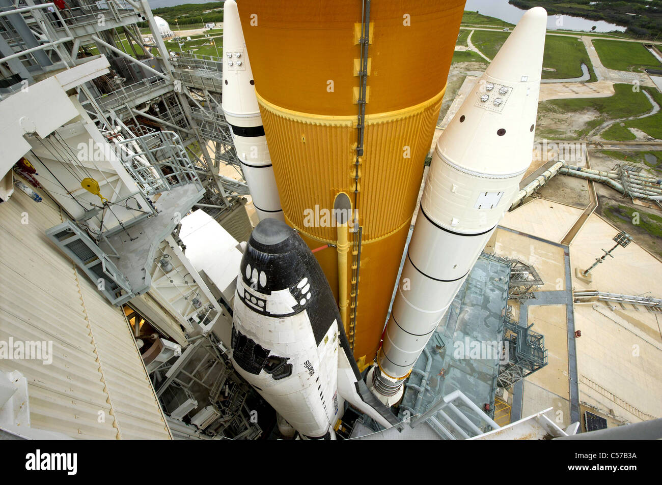 Space shuttle Atlantis revealed as the rotating service structure is rolled back at Launch Pad 39A  before it's last mission. Stock Photo