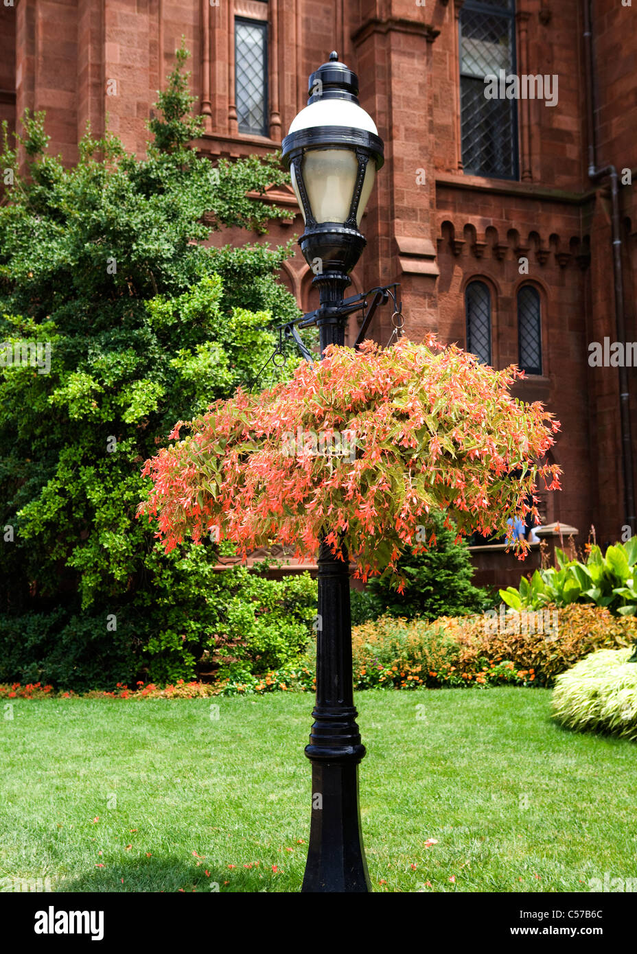 Hanging planter baskets on street lamp posts Stock Photo Alamy