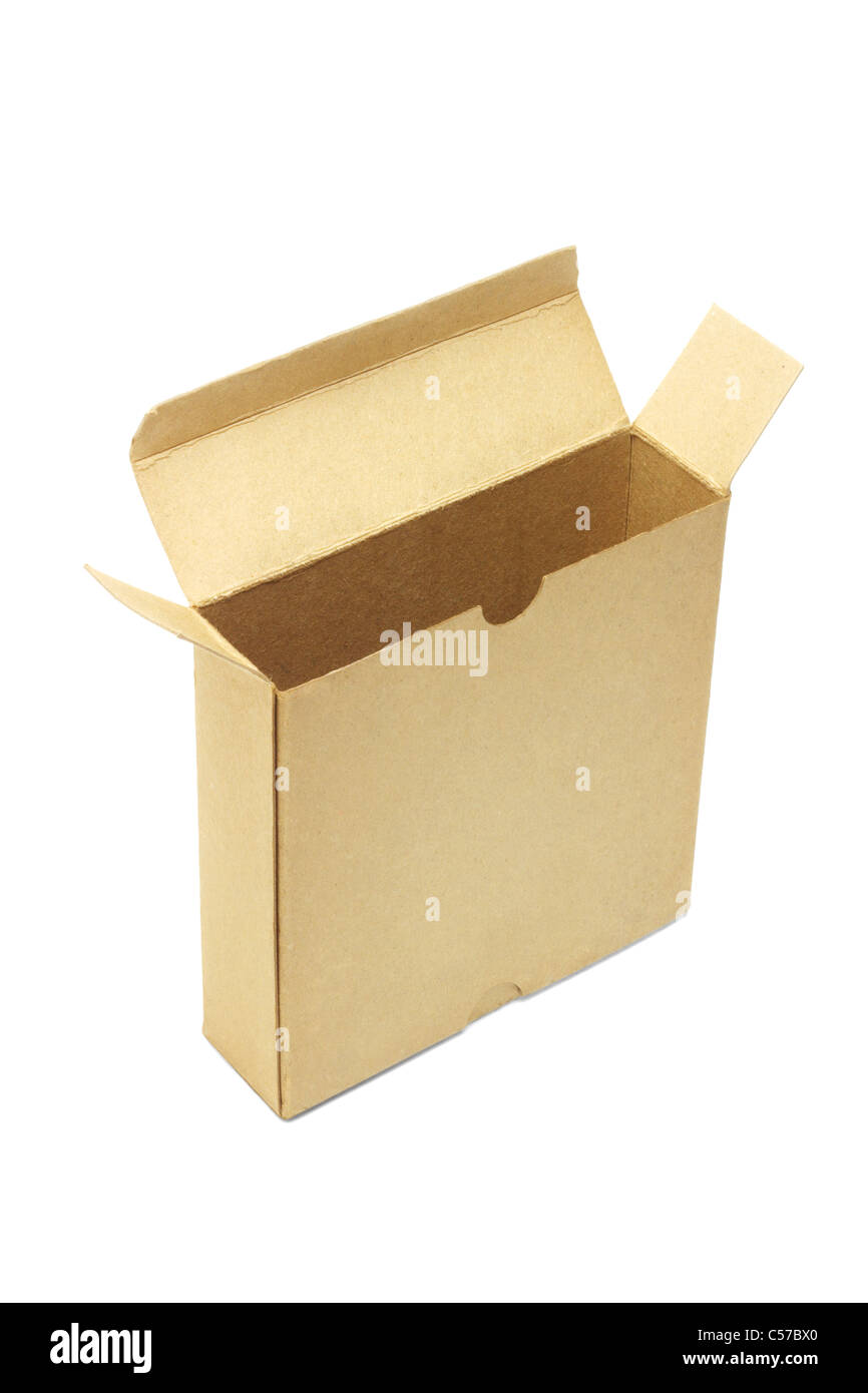 Elevated view of open and empty paper box standing on white background Stock Photo