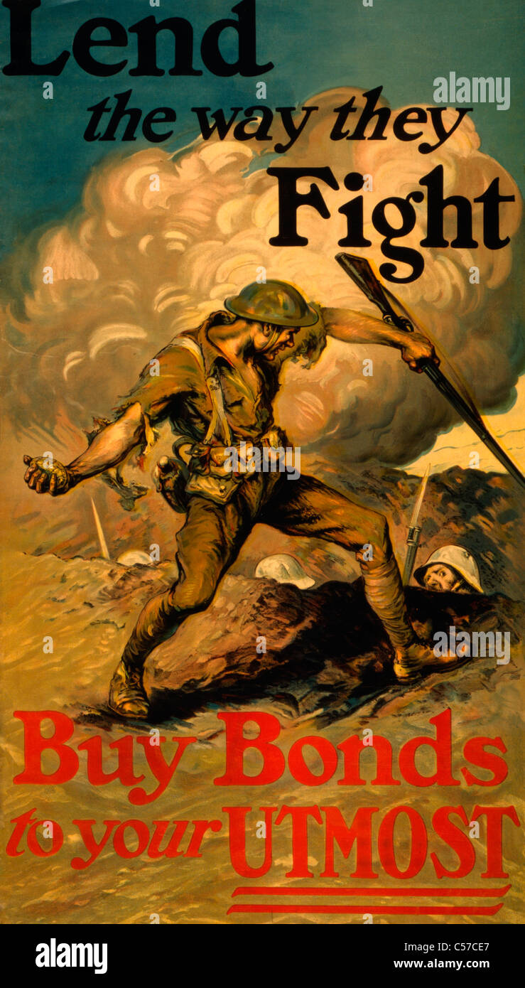 Lend the way they fight, buy bonds to your utmost - Poster showing American soldier holding hand grenade - WWI USA Poster Stock Photo
