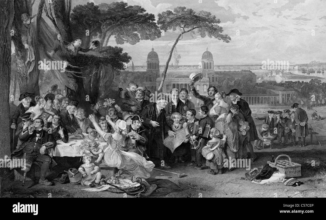 Greenwich Pensioners Commemorating the Anniversary of the Battle of Trafalgar, circa 1836 Stock Photo