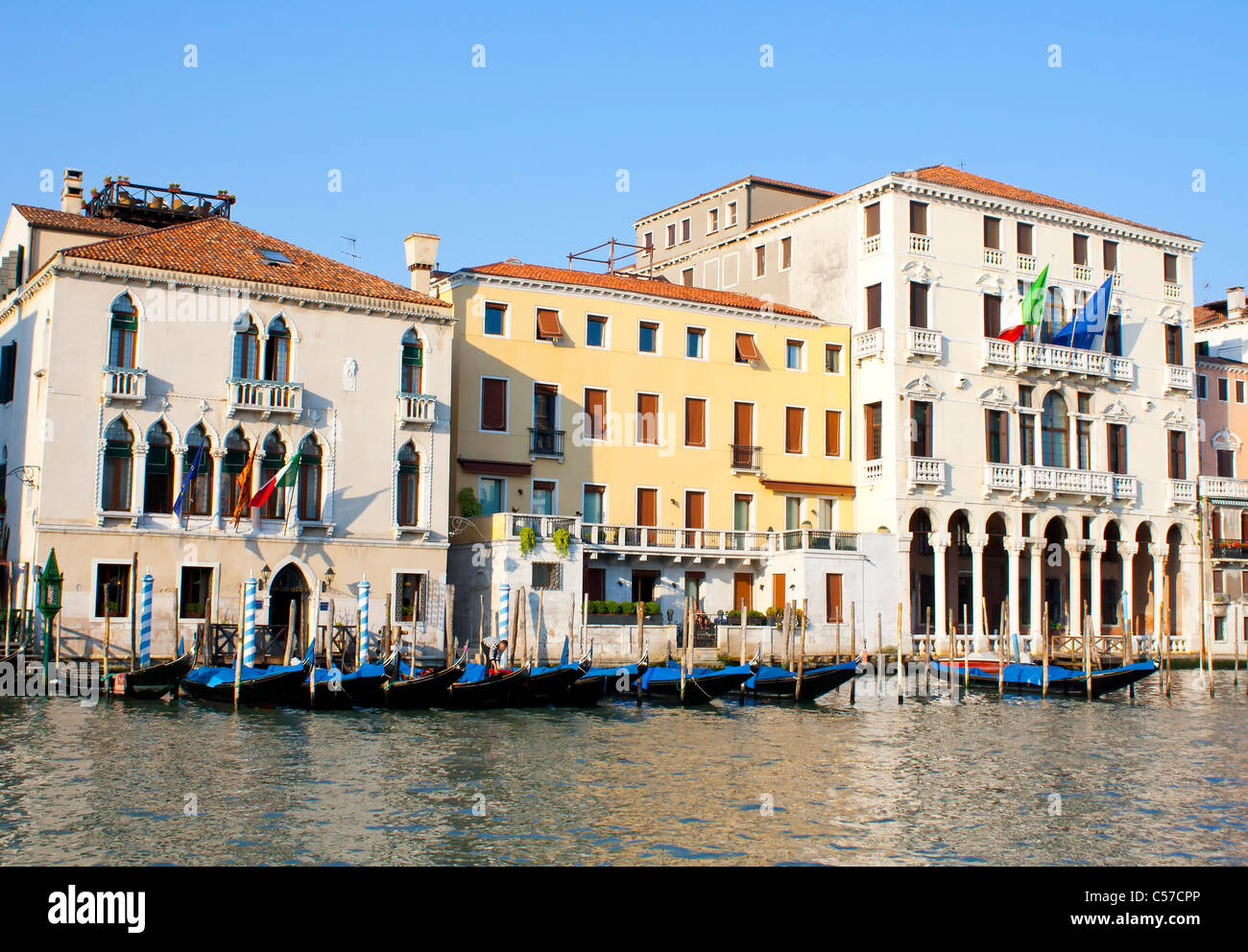 Several gondolas on grand canal in Venice in Italy Stock Photo