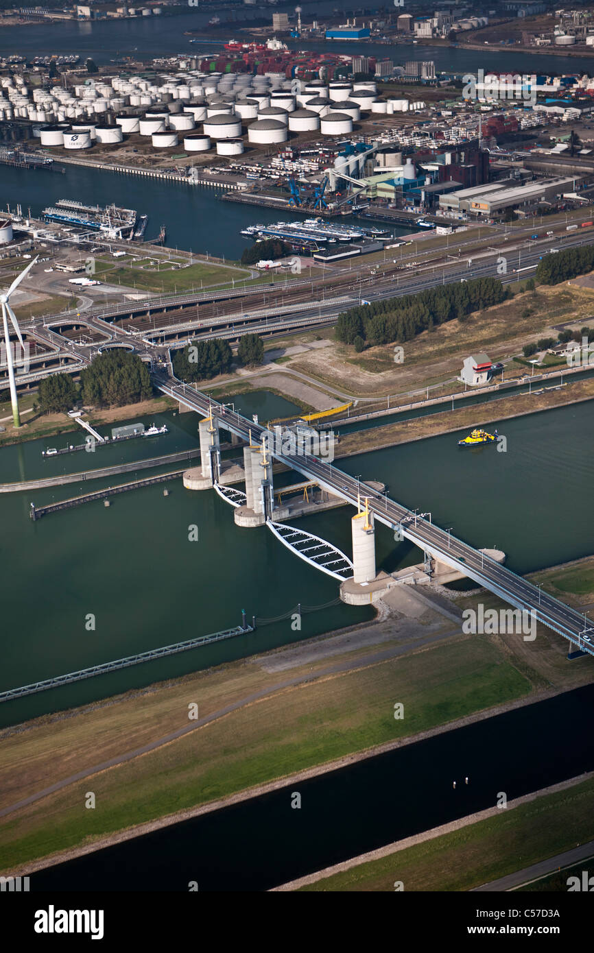 The Netherlands, Rotterdam, River Surge Barrier. Aerial. Stock Photo