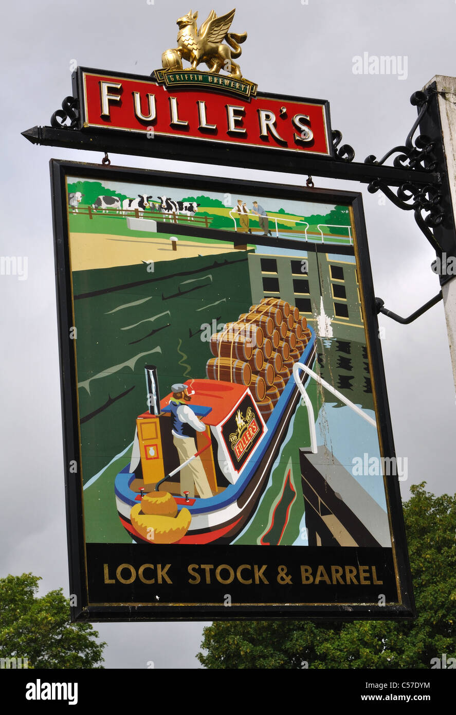 Lock Stock and Barrel pub sign, Newbury, Berkshire, England, UK Stock Photo
