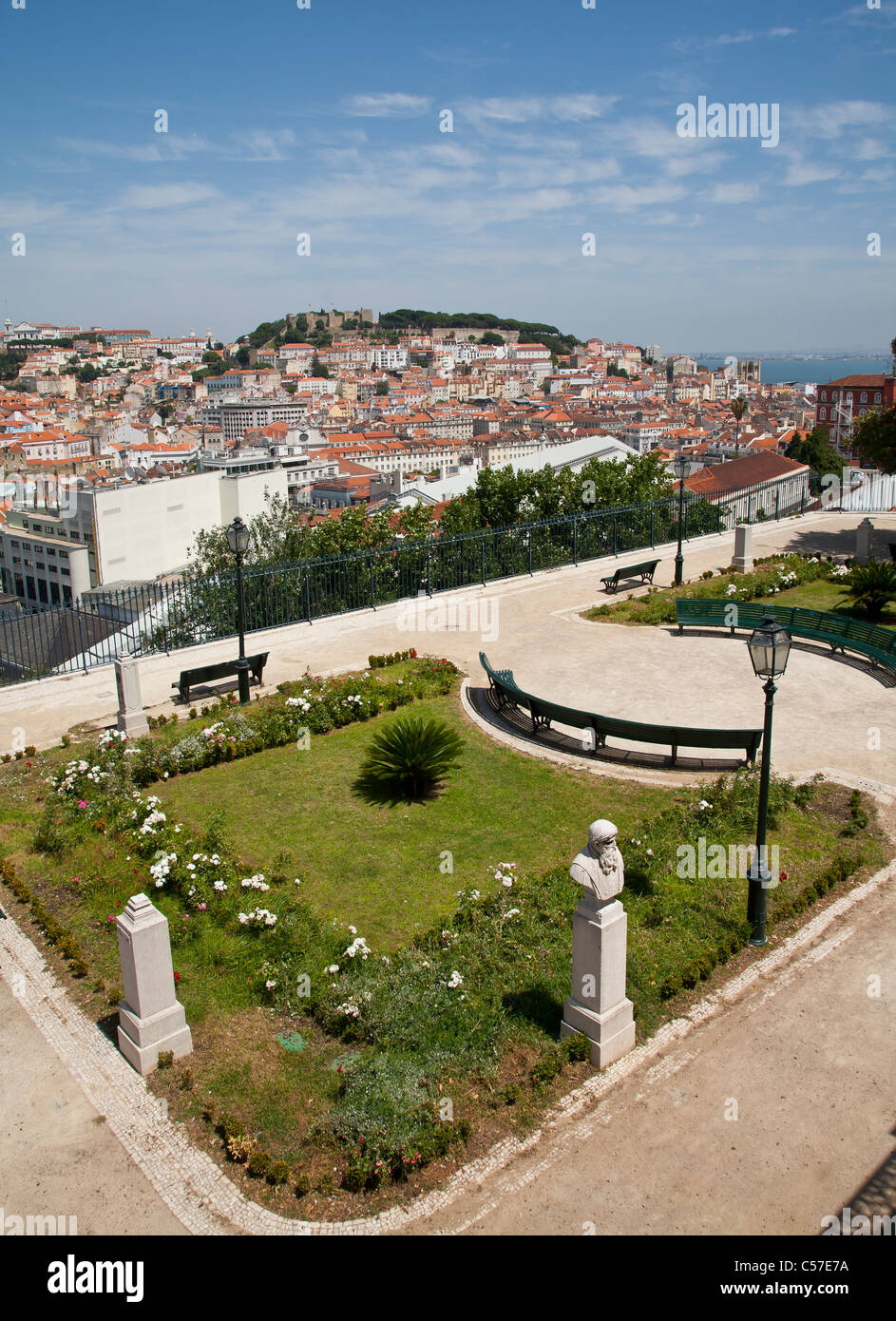 View from the Miradouro de Sao Pedro de Alcantara over the rooftops of Lisbon. Stock Photo