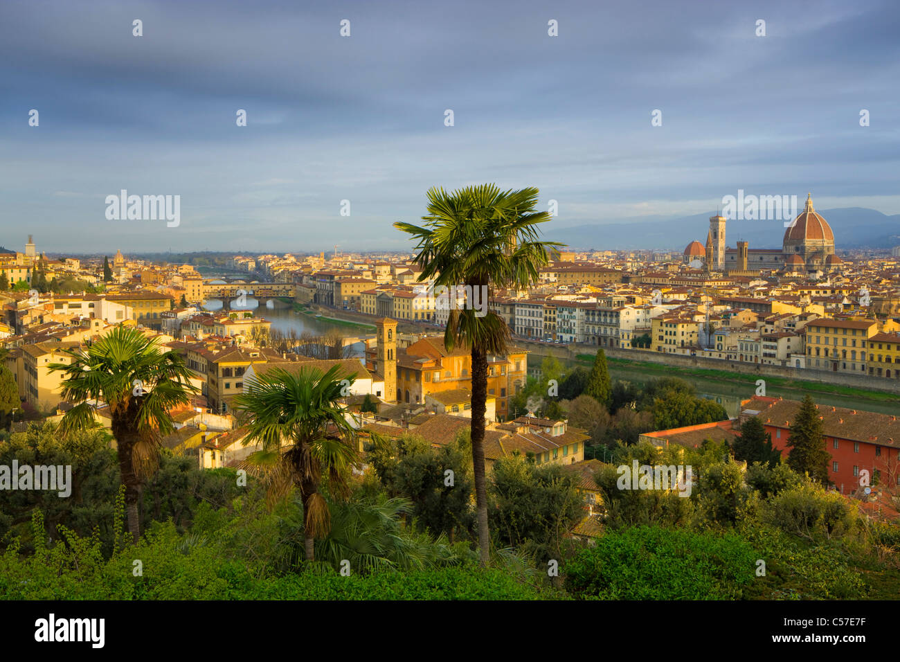 Florence, Italy, Europe, Tuscany, town, city, houses, homes, churches, cathedral, dome, morning light, river, flow, Arno, palms Stock Photo