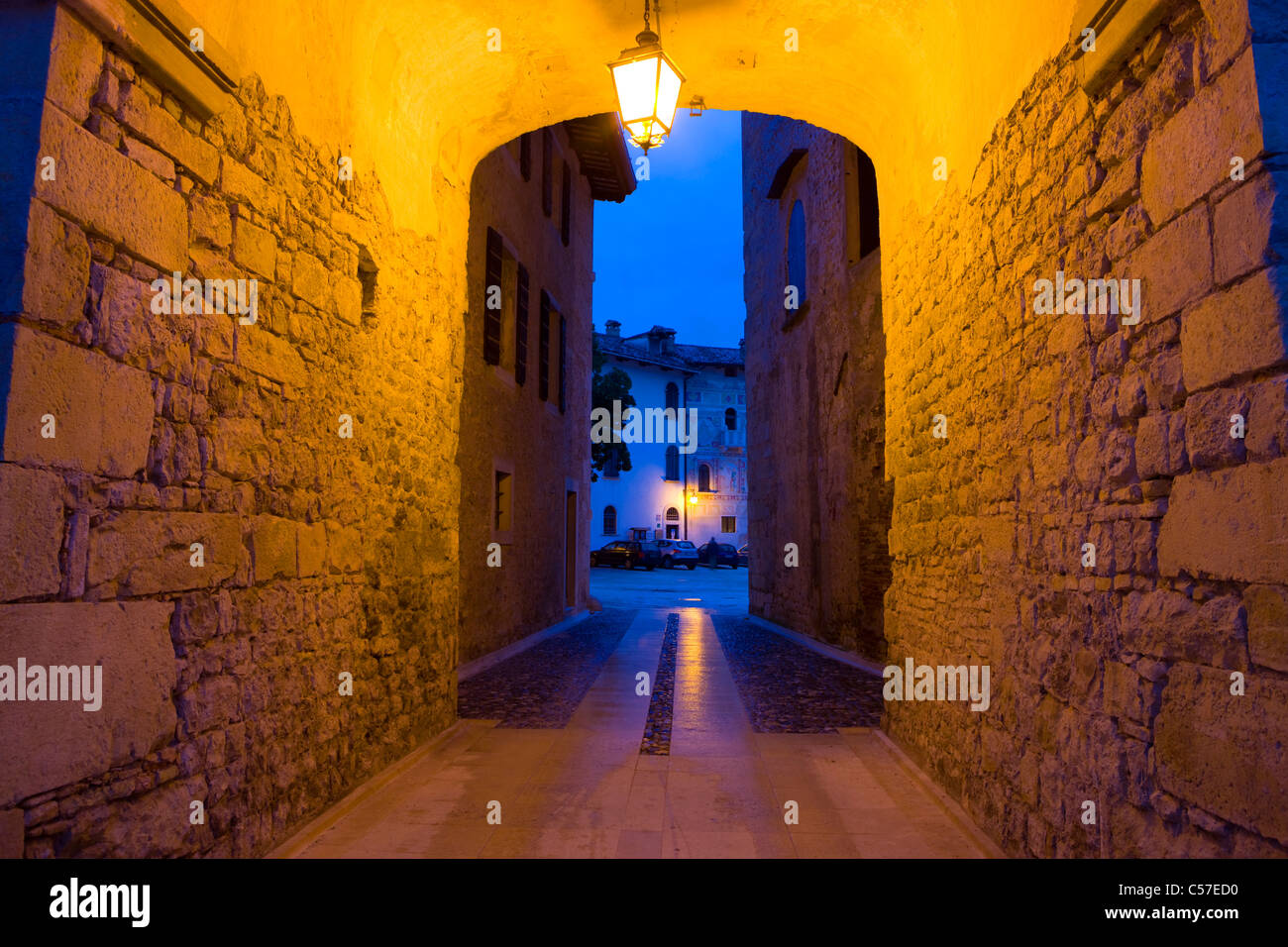 Spilimbergo, Italy, Europe, Friuli-Venezia Giulia, town, city, dusk, lighting, lights, town wall, gate Stock Photo