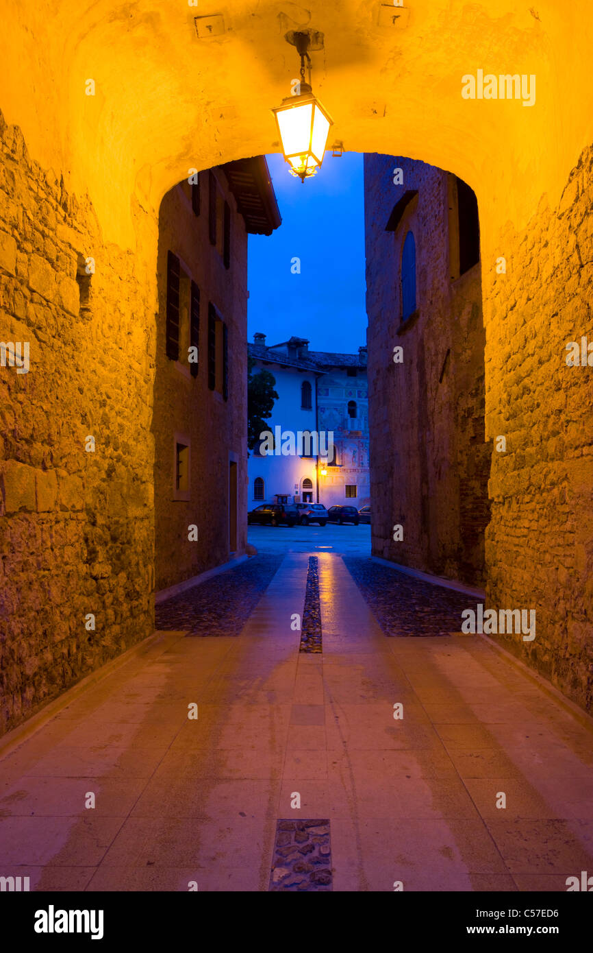 Spilimbergo, Italy, Europe, Friuli-Venezia Giulia, town, city, dusk, lighting, lights, town wall, gate Stock Photo