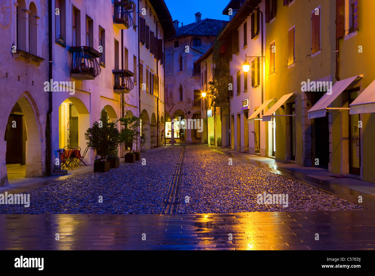 Spilimbergo, Italy, Europe, Friuli-Venezia Giulia, town, city, dusk, lighting, lights, lane, Old Town, rain Stock Photo