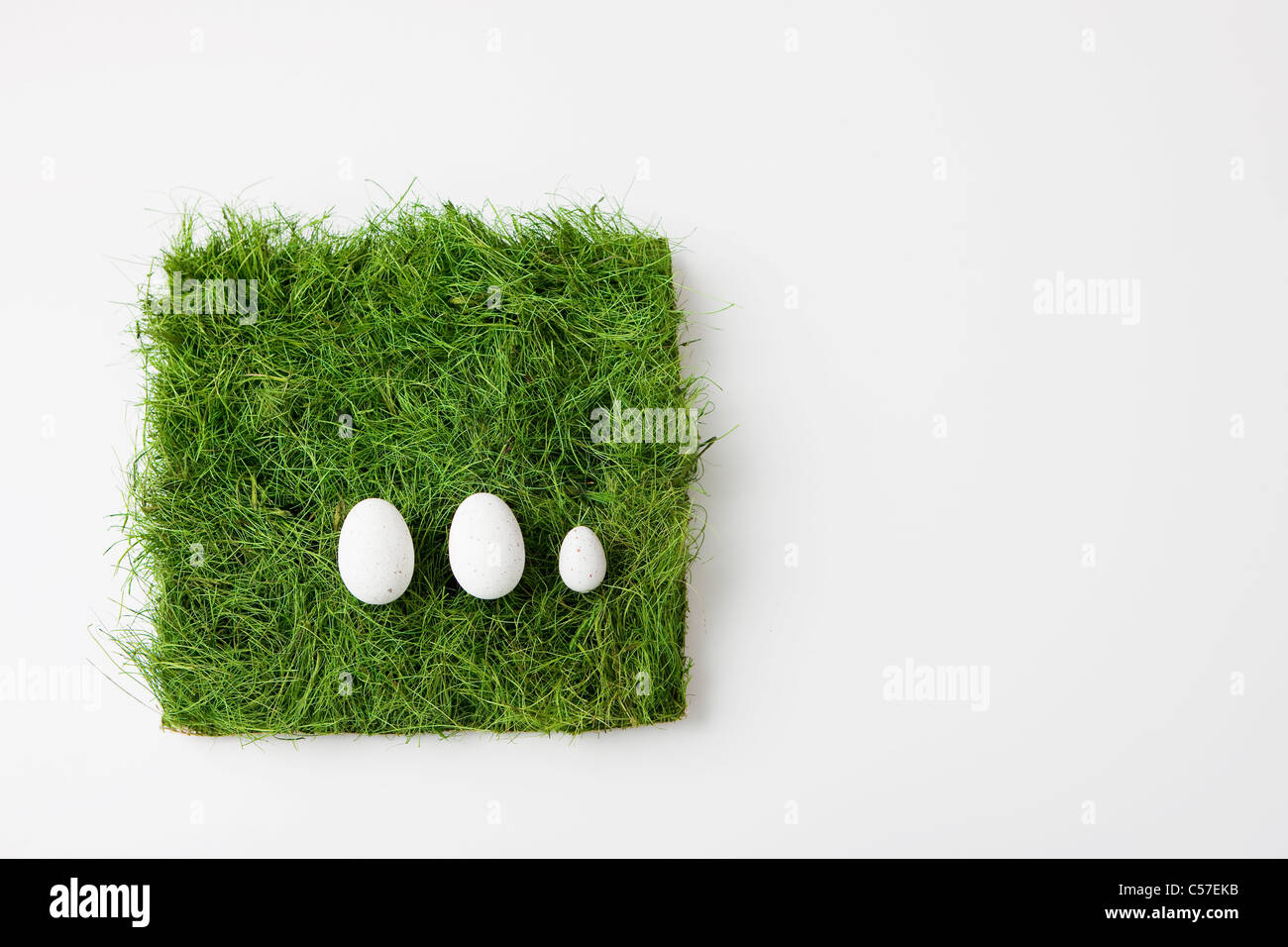Three eggs on patch of grass Stock Photo